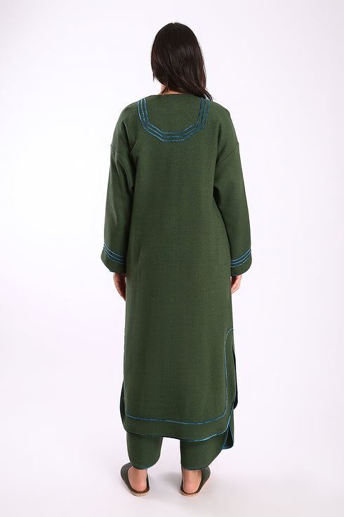 Embroidered long coat in cotton and viscose cashmere with pockets